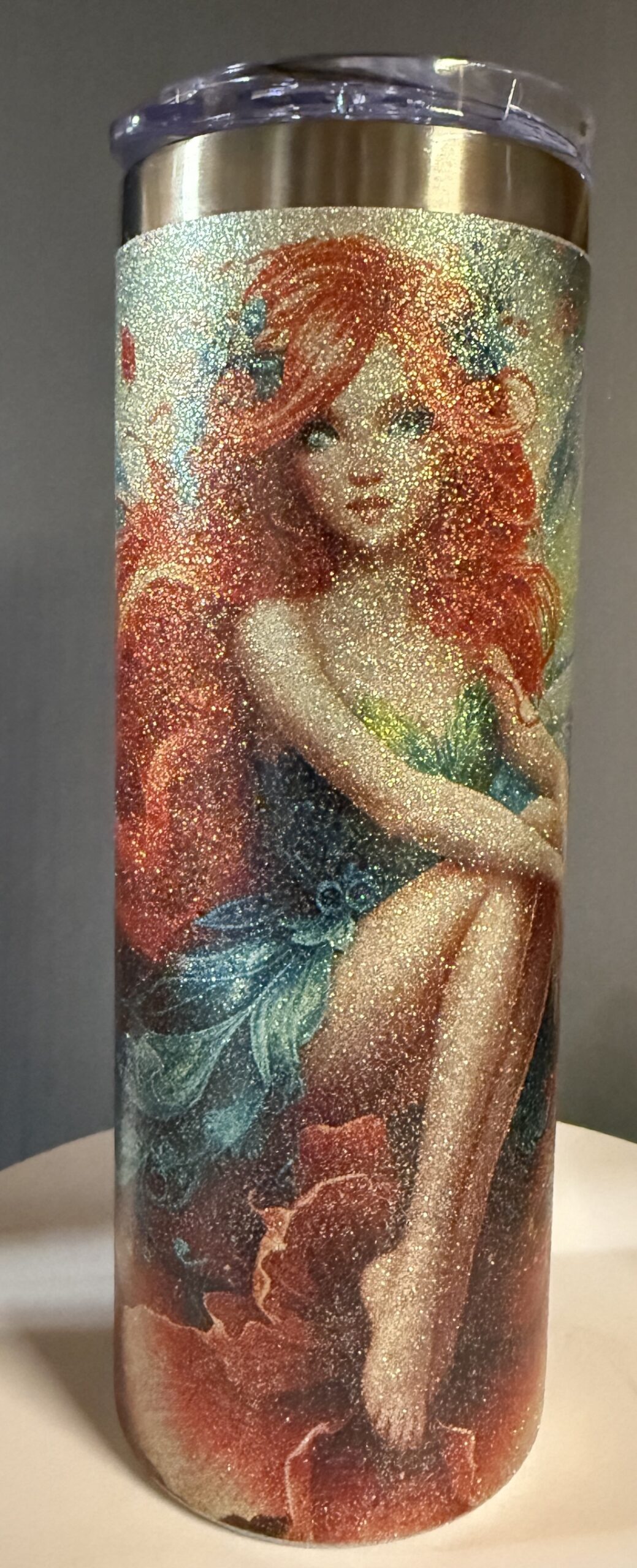 Tumbler 20oz Glitter Surface, Red Hair Flowers Fairy