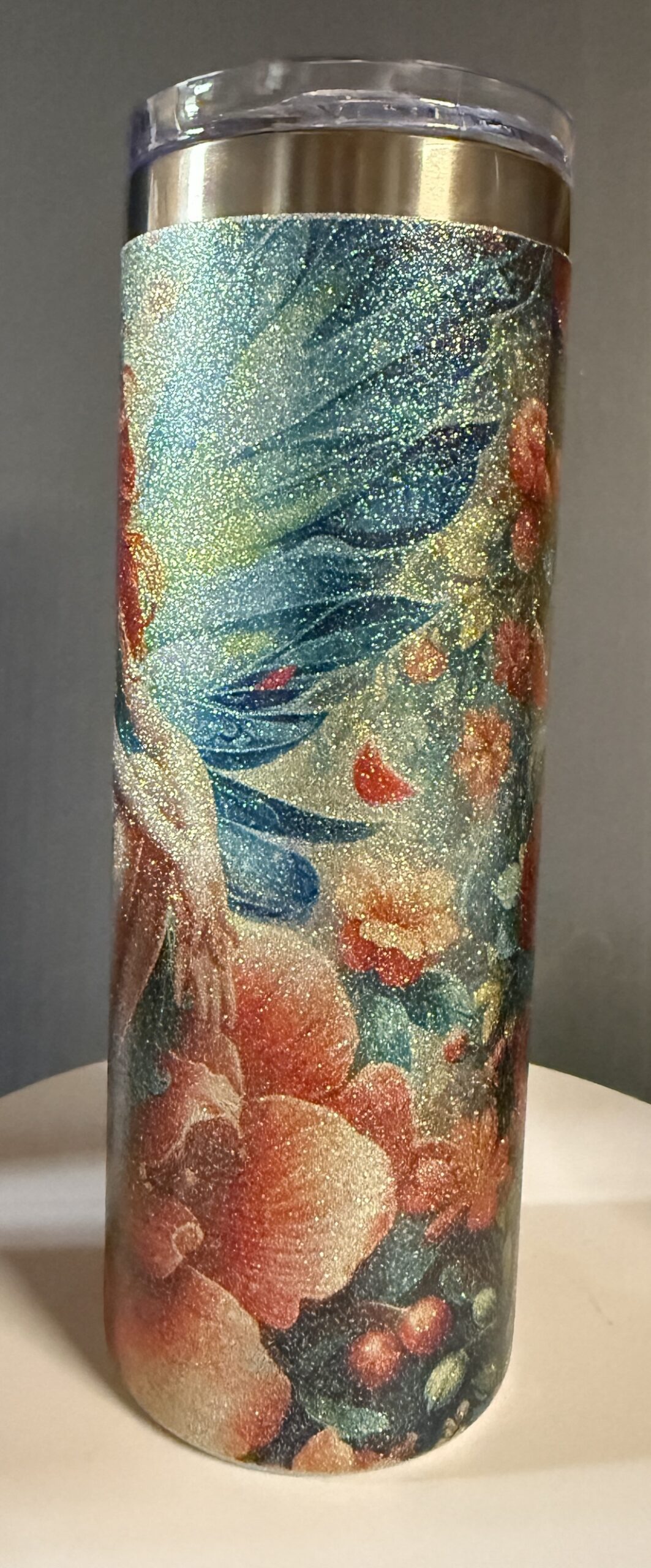 Tumbler 20oz Glitter Surface, Red Hair Flowers Fairy - Image 4